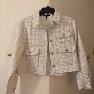 Maje Cream Tweed Cropped Jacket with Metallic Thread